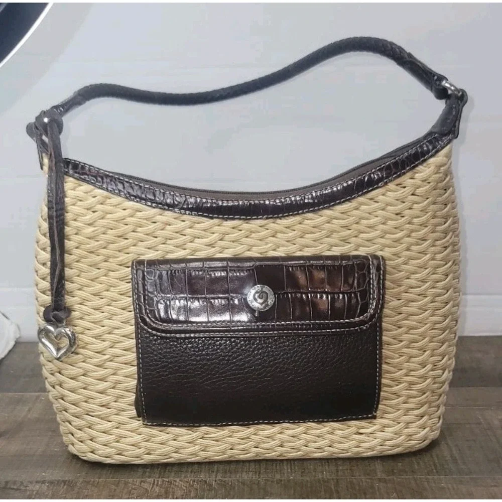 Brighton Edna Woven Straw‎ Wicker Natural Tan Brown Leather Shoulder Hobo Bag